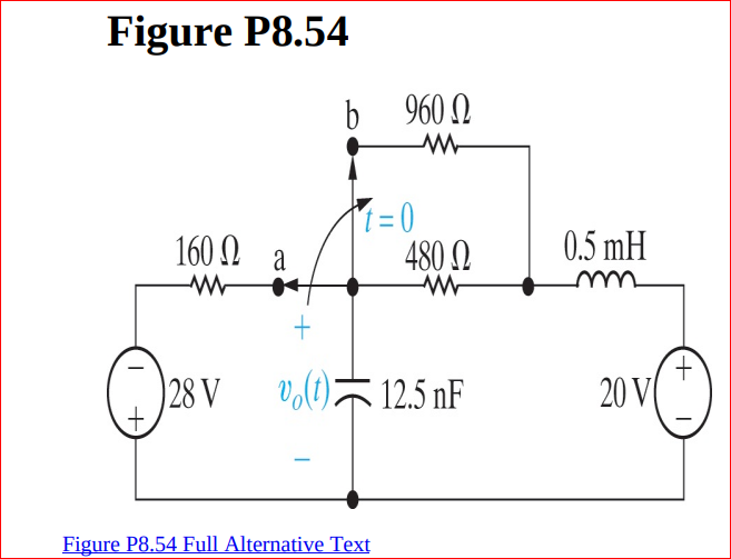 Figure P8.54
b 960 2
160 2
480 N
0.5 mH
28 V
v,()12.5 nF
t.
20 V
Figure P8.54 Full Alternative Text
