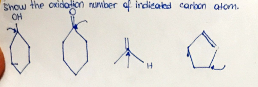 Show the oxidation number of indicated carbon atom.
OH
