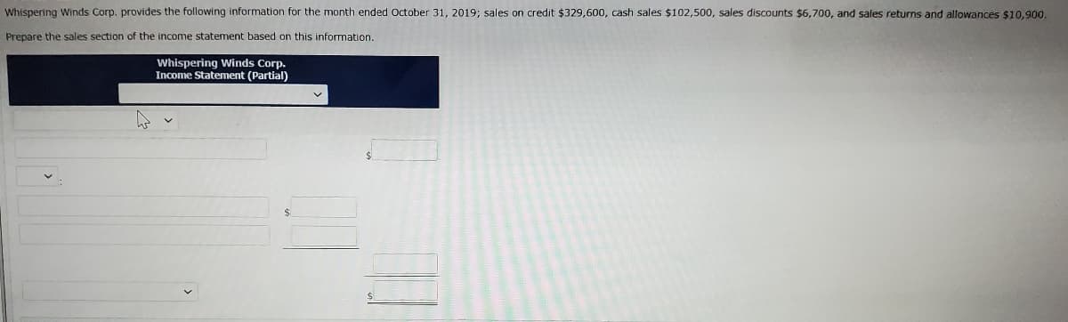 Whispering Winds Corp, provides the following information for the month ended October 31, 2019; sales on credit $329,600, cash sales $102,500, sales discounts $6,700, and sales returns and allowances $10,900,
Prepare the sales section of the income statement based on this information.
Whispering Winds Corp.
Income Statement (Partial)
