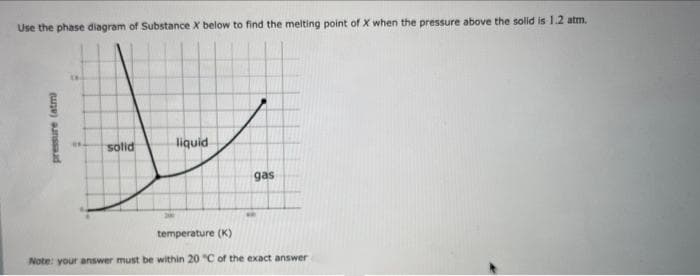 Use the phase diagram of Substance X below to find the melting point of X when the pressure above the solid is 1.2 atm.
pressure (atm)
solid
liquid
gas
temperature (K)
Note: your answer must be within 20 "C of the exact answer