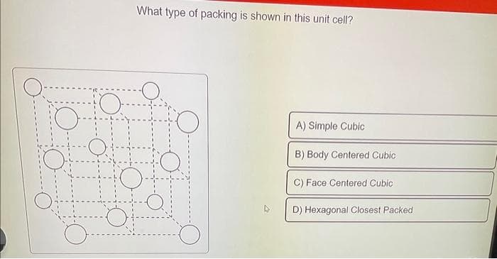 O
What type of packing is shown in this unit cell?
A) Simple Cubic
B) Body Centered Cubic
C) Face Centered Cubic
D) Hexagonal Closest Packed