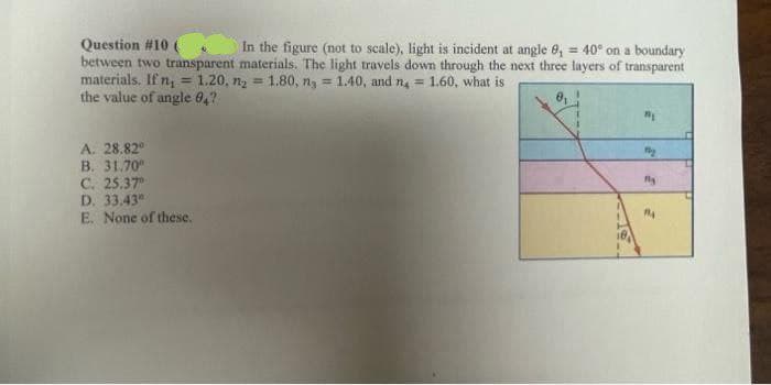 Question #10 (
between two transparent materials. The light travels down through the next three layers of transparent
materials. If n, = 1.20, n2 = 1.80, ny 1.40, and n = 1.60, what is
the value of angle 0,?
In the figure (not to scale), light is incident at angle 0, 40° on a boundary
%3D
%3D
A. 28.82°
B. 31.70°
C. 25.37
D. 33.43
E. None of these.
