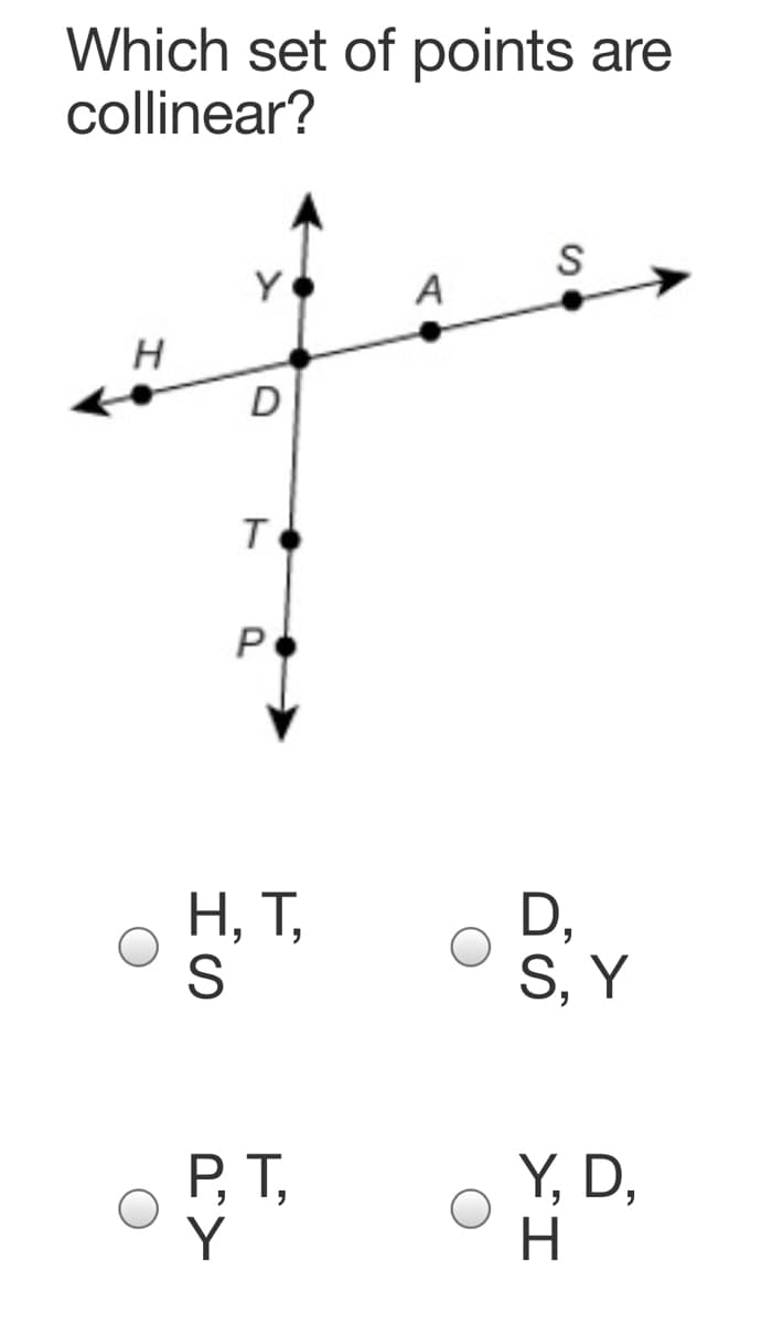 Which set of points are
collinear?
S
Y
A
H
D
T
Н, Т,
S
D,
S, Y
Y, D,
Y
ם
