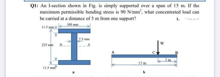 Ql: An I-section shown in Fig. is simply supported over a span of 15 m. If the
maximum permissible bending stress is 90 N/mm, what concentrated load can
be carried at a distance of 5 m from one support?
(.
100 mm
11.5 mm V
7.5 mm
225 mm
A
W
A
в
15 m
11.5 mn
a
b.
