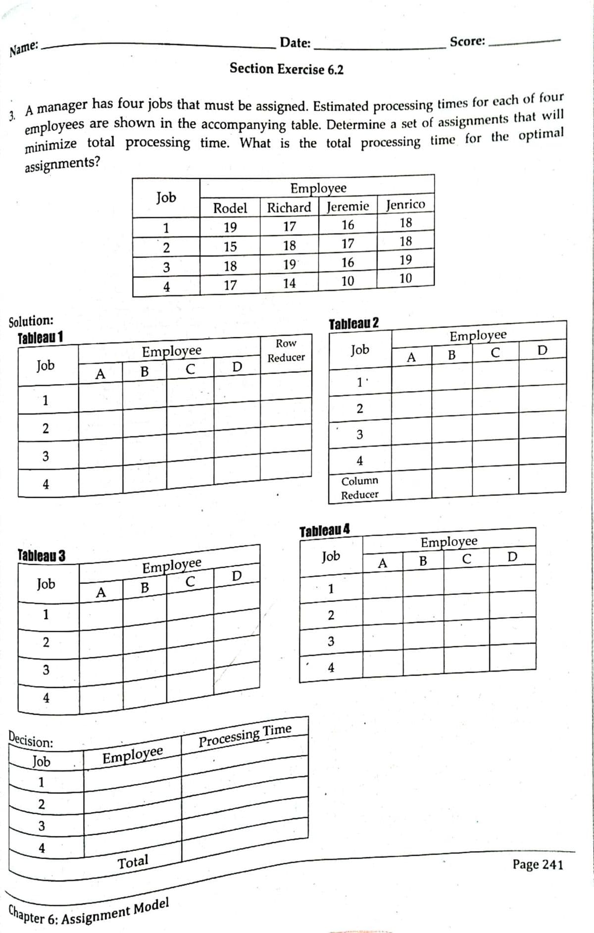 Chapter 6: Assignment Model
Name:
Date:
Score:
Section Exercise 6.2
, A manager has four jobs that must be assigned. Estimated processing times for each of four
employees
minimize total processing time. What is the total processing time for the optimal
are shown in the accompanying table. Determine a set of assignments that will
assignments?
Employee
Richard Jeremie Jenrico
Job
Rodel
1
19
17
16
18
2
15
18
17
18
3
18
19
16
19
4
17
14
10
10
Solution:
Tableau 1
Tableau 2
Employee
Row
Employee
Job
Job
Reducer
A
D
A
В
D
1'
1
2
3
3
4
4
Column
Reducer
Tableau 4
Tableau 3
Employee
D
Job
Employee
D
А
C
Job
A
В
1
1
2
2
3
3
4
4
Decision:
Processing Time
Job
1
Employee
4
Total
Page 241
