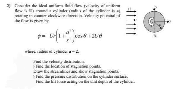 2) Consider the ideal uniform fluid flow (velocity of uniform
flow is U) around a cylinder (radius of the cylinder is a)
rotating in counter clockwise direction. Velocity potential of
the flow is given by
$=-Ur 1+
cos 0+2U0
where, radius of cylinder a = 2.
- Find the velocity distrībution.
) Find the location of stagnation points.
Draw the streamlines and show stagnation points.
) Find the pressure distribution on the cylinder surface.
Find the lift force acting on the unit depth of the cylinder.
