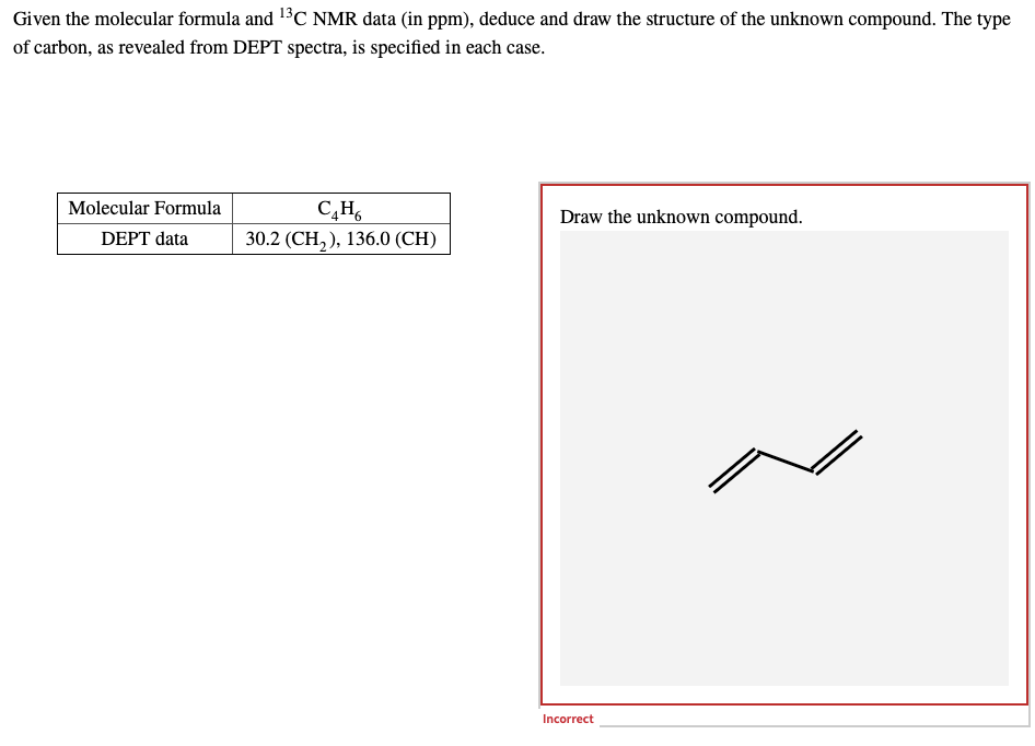Given the molecular formula and ¹³C NMR data (in ppm), deduce and draw the structure of the unknown compound. The type
of carbon, as revealed from DEPT spectra, is specified in each case.
Molecular Formula
Draw the unknown compound.
C₂H6
30.2 (CH₂), 136.0 (CH)
DEPT data
Incorrect