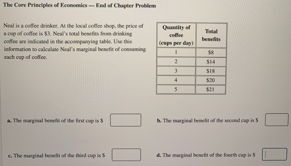 The Core Principles of Economics End of Chapter Problem
Neal is a coffee drinker. At the local coffee shop, the price of
Quantity of
Total
a cup of coffee is $3. Neal's total benefits from drinking
coffee
benefits
coffee are indicated in the accompanying table. Use this
information to calculate Neal's marginal benefit of consuming
|(cups per day)
1
$8
each cup of coffee.
$14
3
$18
4
$20
$21
a. The marginal benefit of the first cup is $
b. The marginal benefit of the second cup is $
c. The marginal benefit of the third cup is $
d. The marginal benefit of the fourth cup is $
