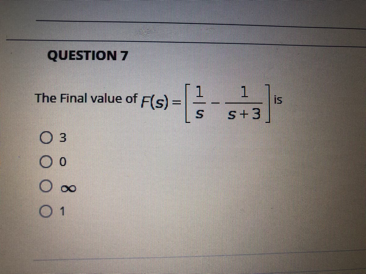QUESTION 7
1.
The Final value of F(s)
1.
is
s+3
O 3
01
