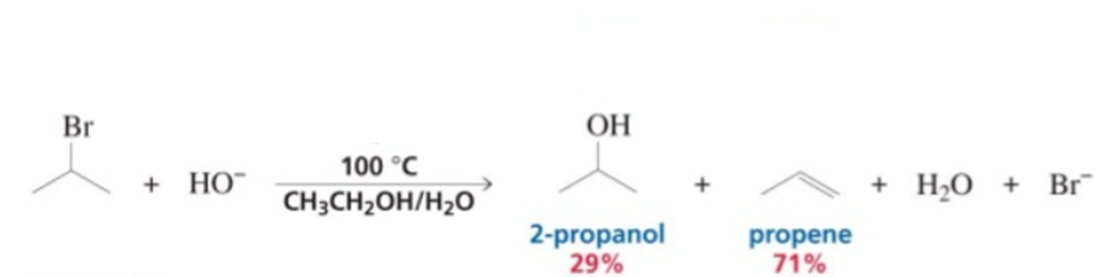 Br
OH
100 °C
+ НО"
+ H,О +
Br
CH3CH2OH/H2O
2-propanol
29%
propene
71%
