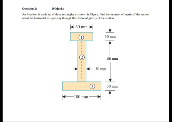 Question 2:
10 Marks
An I-section is made up of three rectangles as shown in Figure. Find the moment of inertia of the section
about the horizontal axis passing through the Centre of gravity of the section.
60 mm-
30 mm
(2)
80 mm
30 mm
30 mm
-100 mm-

