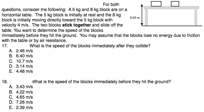 For both
questions, consider the following: A 5 kg and 8 kg block are on a
horizontal table. The 5 kg block is initially at rest and the 8 kg
block is initially moving directly toward the 5 kg block with
velocity 4 m/s. The two blocks stick together and slide off the
table. You want to determine the speed of the blocks
immediately before they hit the ground. You may assume that the blocks lose no energy due to friction
with the table or by air resistance.
0.60 m
17.
What is the speed of the blocks immediately after they collide?
A. 2.46 m/s
B. 6.40 m/s
C. 10.7 m/s
D. 3.14 m/s
E. 4.48 m/s
18.
What is the speed of the blocks immediately before they hit the ground?
А. 343 m/s
В. 4.22 m/s
С. 4.65 m/s
D. 7.26 m/s
E. 2.39 m/s
