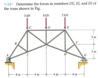 7-24 Determine the forces in members DE, EI, and HI of
the truss shown in Fig.
3 kN
8 kN
5 kN
3 m
B
3 m
4 m
4 m
4 m
4 m
