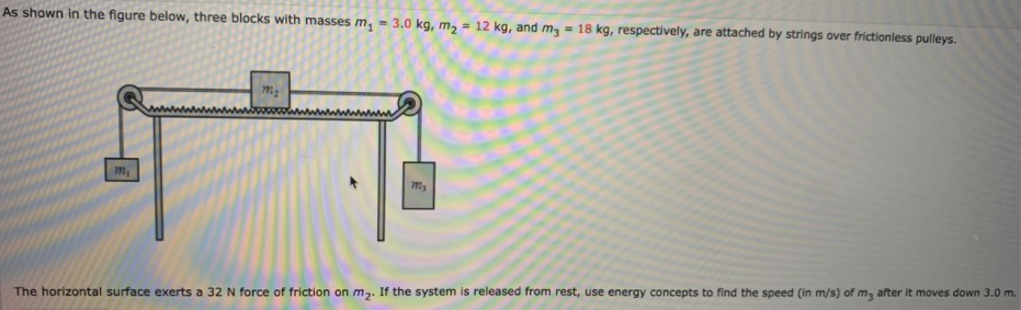 As shown in the figure below, three blocks with masses m, - 3.0 kg, m, = 12 kg, and m, = 18 kg, respectively, are attached by strings over frictionless pulleys.
%3!
The horizontal surface exerts a 32 N force of friction on m2. If the system is released from rest, use energy concepts to find the speed (in m/s) of m, after it moves down 3.0 m.
