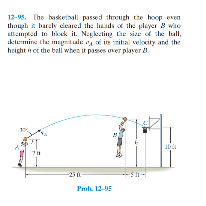 12–95. The basketball passed through the hoop even
though it barely cleared the hands of the player B who
attempted to block it. Neglecting the size of the ball,
determine the magnitude va of its initial velocity and the
height h of the ball when it passes over player B.
C
30°.
В
h
A
10 ft
7 ft
-25 ft
-5 ft-|
Prob. 12–95
