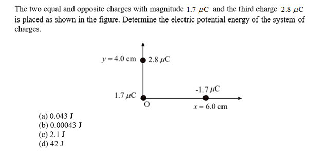 The two equal and opposite charges with magnitude 1.7 HC and the third charge 2.8 uC
is placed as shown in the figure. Determine the electric potential energy of the system of
charges
4.0 cm2.8 HC
y
-1.7 HC
1.7 HC
x 6.0 cm
(a) 0.043 J
(b) 0.00043 J
(c) 2.1 J
(d) 42 J
