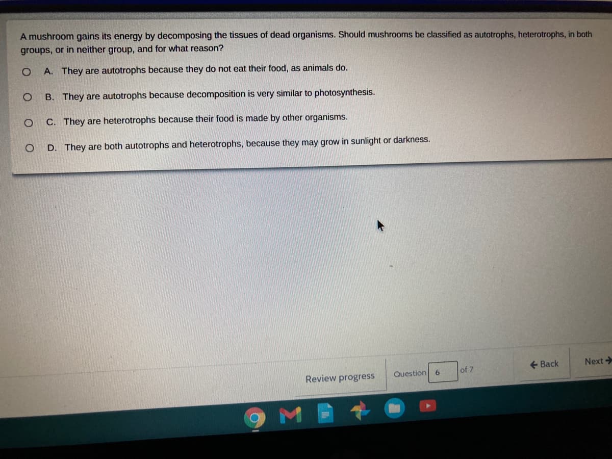 A mushroom gains its energy by decomposing the tissues of dead organisms. Should mushrooms be classified as autotrophs, heterotrophs, in both
groups, or in neither group, and for what reason?
A. They are autotrophs because they do not eat their food, as animals do.
B. They are autotrophs because decomposition is very similar to photosynthesis.
C. They are heterotrophs because their food is made by other organisms.
D. They are both autotrophs and heterotrophs, because they may grow in sunlight or darkness.
+ Back
Next >
Review progress
Question 6
of 7
