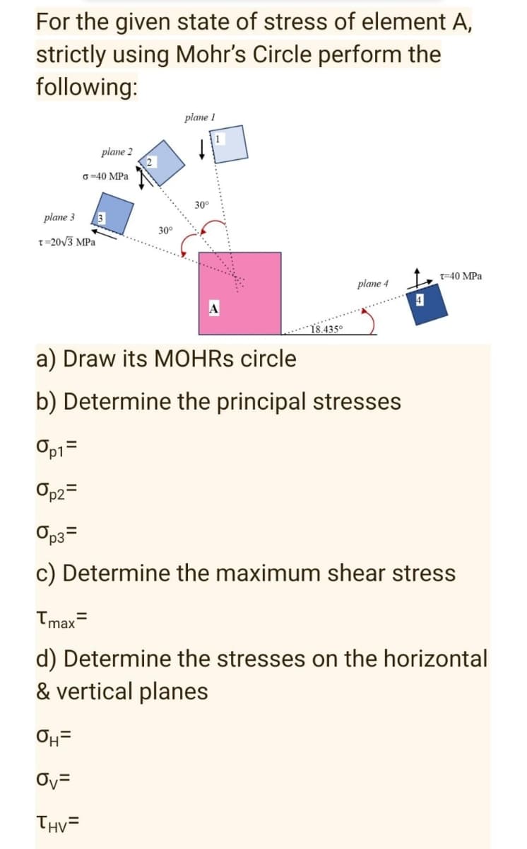 For the given state of stress of element A,
strictly using Mohr's Circle perform the
following:
plane 1
1
plane 2
6 =40 MPa
30°
plane 3
30°
-20/3 МРа
T=40 MPa
plane 4
...18.435°
a) Draw its MOHRS circle
b) Determine the principal stresses
Op1=
Op2=
Op3=
c) Determine the maximum shear stress
Tmax=
d) Determine the stresses on the horizontal
& vertical planes
OH=
Oy=
THV=
