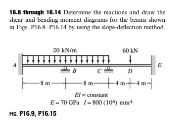 16.8 through 16.14 Determine the reactions and draw the
shear and bending moment diagrams for the beams shown
in Figs. P16.8-P16.14 by using the slope-deflection method.
20 kN/m
60 kN
A
B
D
-8 m+4 m+4 m-
-8 m
El = constant
E = 70 GPa 1= 800 (106) mm4
FIG. P16.9, P16.15
