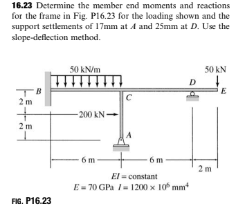 16.23 Determine the member end moments and reactions
for the frame in Fig. P16.23 for the loading shown and the
support settlements of 17mm at A and 25mm at D. Use the
slope-deflection method.
50 kN/m
50 kN
TB
2 m
E
C
200 kN
2 m
A
6 m
6 m
2 m
El = constant
E = 70 GPa / = 1200 x 10 mm
*
FIG. P16.23
