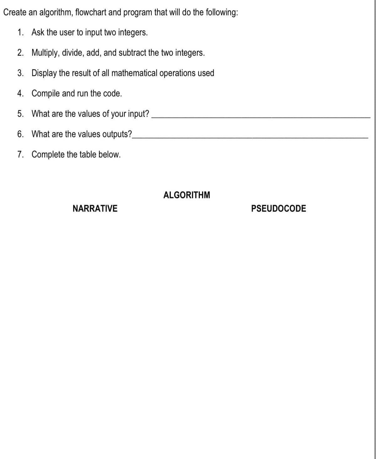 Create an algorithm, flowchart and program that will do the following:
1. Ask the user to input two integers.
2. Multiply, divide, add, and subtract the two integers.
3. Display the result of all mathematical operations used
4. Compile and run the code.
5. What are the values of your input?
6. What are the values outputs?
7. Complete the table below.
ALGORITHM
NARRATIVE
PSEUDOCODE
