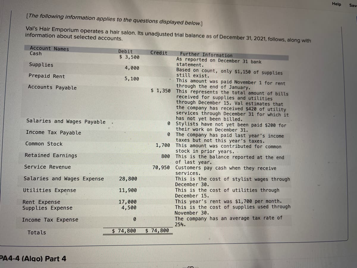 Help
[The following information applies to the questions displayed below.]
Val's Hair Emporium operates a hair salon. Its unadjusted trial balance as of December 31, 2021, follows, along with
information about selected accounts.
Account Names
Cash
Credit
Debit
$ 3,500
Further Information
As reported on December 31 bank
statement.
Supplies
4,000
Based on count, only $1,150 of supplies
still exist.
Prepaid Rent
5,100
This amount was paid November 1 for rent
through the end of January.
Accounts Payable
$ 1,350 This represents the total amount of bills
received for supplies and utilities
through December 15. Val estimates that
the company has received $420 of utility
services through December 31 for which it
has not yet been billed.
Salaries and Wages Payable
0
Stylists have not yet been paid $200 for
their work on December 31.
Income Tax Payable
0
The company has paid last year's income
taxes but not this year's taxes.
Common Stock
1,700
This amount was contributed for common
stock in prior years.
Retained Earnings
800
This is the balance reported at the end
of last year.
Service Revenue
70,950
Customers pay cash when they receive
services.
Salaries and Wages Expense
This is the cost of stylist wages through
December 30.
Utilities Expense
This is the cost of utilities through
December 15.
Rent Expense
This year's rent was $1,700 per month.
This is the cost of supplies used through
November 30.
Supplies Expense
The company has an average tax rate of
Income Tax Expense
25%.
Totals
PA4-4 (Algo) Part 4
28,800
11,900
17,000
4,500
0
$74,800
$74,800
Save