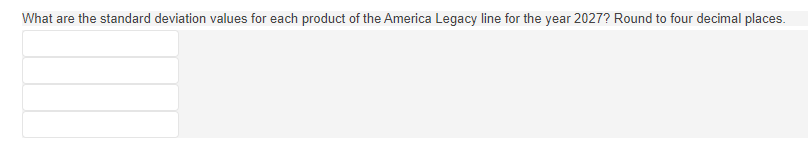 What are the standard deviation values for each product of the America Legacy line for the year 2027? Round to four decimal places.
