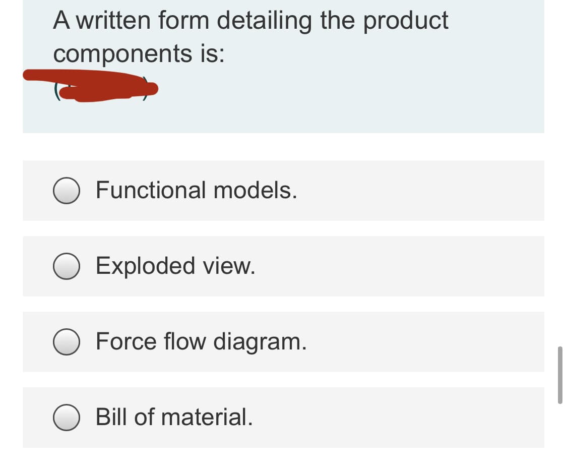 A written form detailing the product
components is:
Functional models.
Exploded view.
Force flow diagram.
Bill of material.
