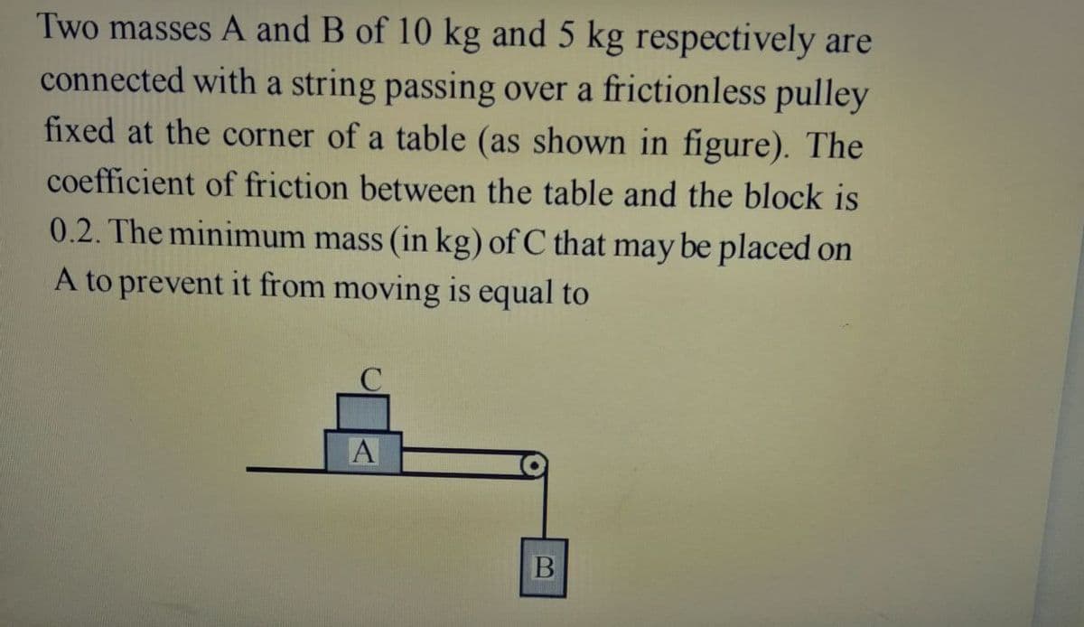 Two masses A and B of 10 kg and 5 kg respectively are
connected with a string passing over a frictionless pulley
fixed at the corner of a table (as shown in figure). The
coefficient of friction between the table and the block is
0.2. The minimum mass (in kg) of C that may be placed on
A to prevent it from moving is equal to
A
B
