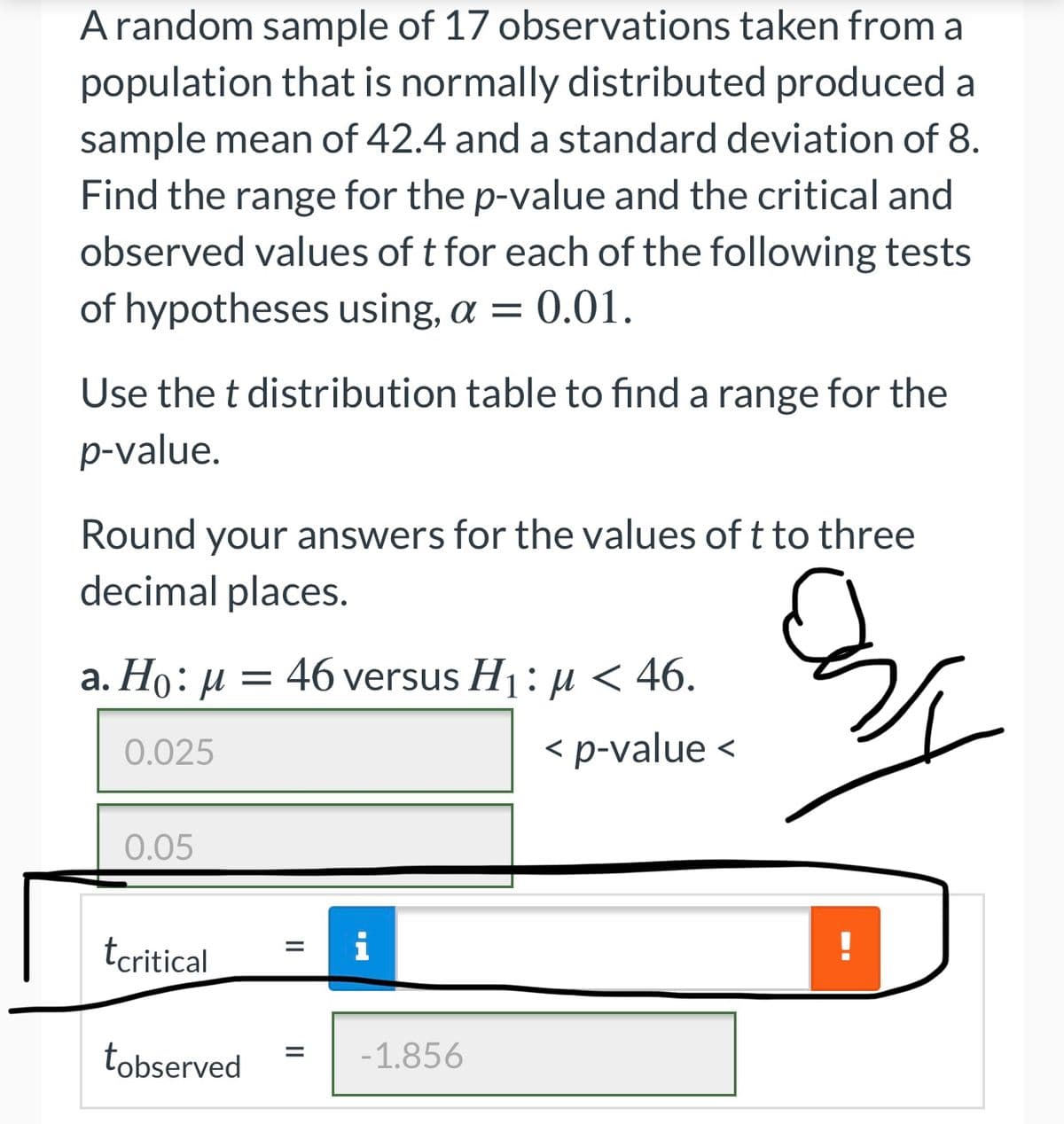 Arandom sample of 17 observations taken from a
population that is normally distributed produced a
sample mean of 42.4 and a standard deviation of 8.
Find the range for the p-value and the critical and
observed values of t for each of the following tests
of hypotheses using, a = 0.01.
Use the t distribution table to find a range for the
p-value.
Round your answers for the values of t to three
decimal places.
a. Ho: µ = 46 versus H1: µ < 46.
46 versus H1:µ < 46.
0.025
< p-value <
0.05
tcritical
tobserved
-1.856
II
