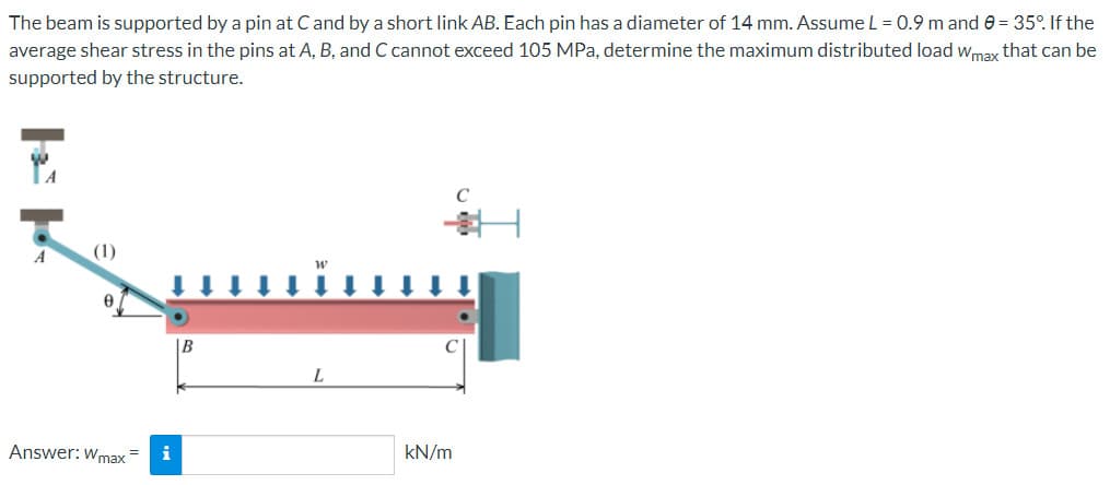 The beam is supported by a pin at C and by a short link AB. Each pin has a diameter of 14 mm. Assume L = 0.9 m and 8 = 35°. If the
average shear stress in the pins at A, B, and C cannot exceed 105 MPa, determine the maximum distributed load Wmax that can be
supported by the structure.
(1)
0
Answer: Wmax=
i
B
W
L
kN/m