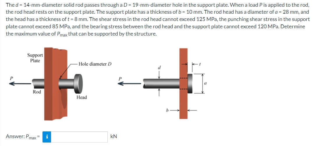 The d = 14-mm-diameter solid rod passes through a D = 19-mm-diameter hole in the support plate. When a load P is applied to the rod,
the rod head rests on the support plate. The support plate has a thickness of b = 10 mm. The rod head has a diameter of a = 28 mm, and
the head has a thickness of t = 8 mm. The shear stress in the rod head cannot exceed 125 MPa, the punching shear stress in the support
plate cannot exceed 85 MPa, and the bearing stress between the rod head and the support plate cannot exceed 120 MPa. Determine
the maximum value of Pmax that can be supported by the structure.
Support
Plate
Rod
Answer: Pmax=
i
Hole diameter D
Head
kN
a