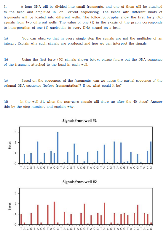 3.
A long DNA will be divided into small fragments, and one of them will be attached
to the bead and amplified in Ion Torrent sequencing. The beads with different kinds of
fragments will be loaded into different wells. The following graphs show the first forty (40)
signals from two different wells. The value of one (1) in the y-axis of the graph corresponds
to incorporation of one (1) nucleotide to every DNA strand on a bead.
(a)
You can observe that in every single step the signals are not the multiples of an
integer. Explain why such signals are produced and how we can interpret the signals.
(b)
Using the first forty (40) signals shown below, please figure out the DNA sequence
of the fragment attached to the bead in each well.
(c)
Based on the sequences of the fragments, can we guess the partial sequence of the
original DNA sequence (before fragmentation)? If so, what could it be?
(d)
In the well #1, when the non-zero signals will show up after the 40 steps? Answer
this by the step number, and explain why.
Signals from well #1
TACGTACGTACGTACGTACGTACGTACGT ACGTACGTAC G
Signals from well #2
سلبسيأسياليبيلليي
Luli
TACGTACGTACGTACGTACGTACGTACGTACGTACGTACG
2.
1.
2.
Bases
Bases
