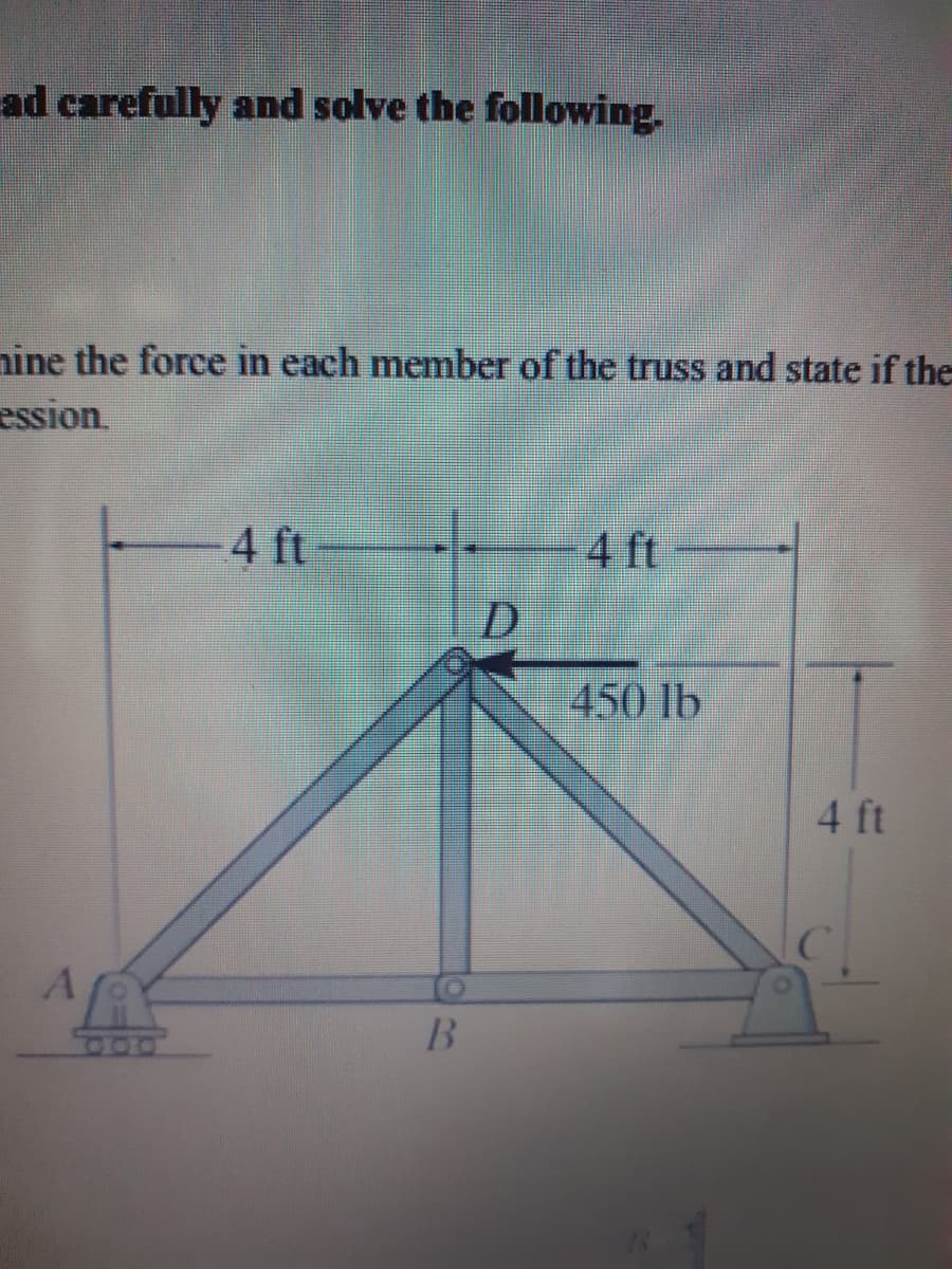 ad carefully and solve the following.
nine the force in each member of the truss and state if the
ession.
4 ft
4 ft
450 lb
4 ft
B.

