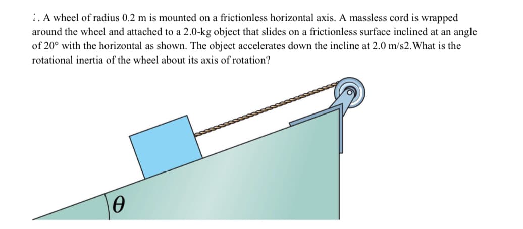 i. A wheel of radius 0.2 m is mounted on a frictionless horizontal axis. A massless cord is wrapped
around the wheel and attached to a 2.0-kg object that slides on a frictionless surface inclined at an angle
of 20° with the horizontal as shown. The object accelerates down the incline at 2.0 m/s2.What
the
rotational inertia of the wheel about its axis of rotation?
