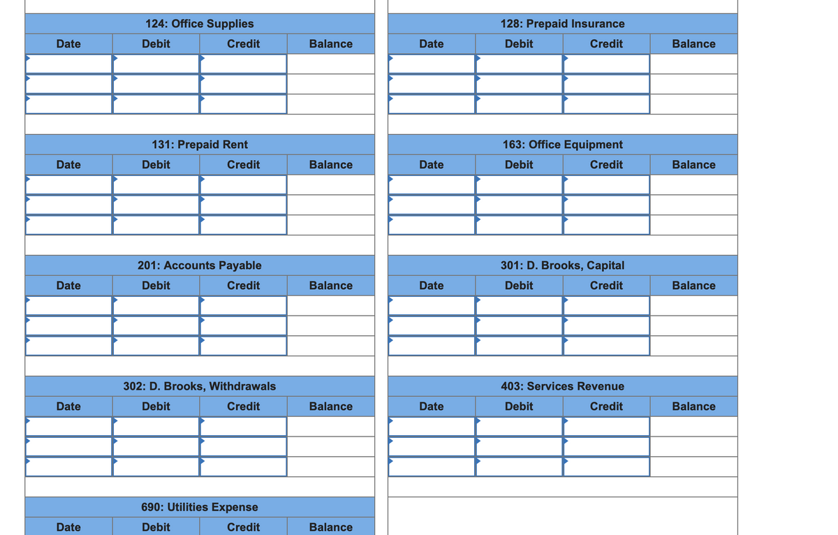 124: Office Supplies
128: Prepaid Insurance
Date
Debit
Credit
Balance
Date
Debit
Credit
Balance
131: Prepaid Rent
163: Office Equipment
Date
Debit
Credit
Balance
Date
Debit
Credit
Balance
201: Accounts Payable
301: D. Brooks, Capital
Date
Debit
Credit
Balance
Date
Debit
Credit
Balance
302: D. Brooks, Withdrawals
403: Services Revenue
Date
Debit
Credit
Balance
Date
Debit
Credit
Balance
690: Utilities Expense
Date
Debit
Credit
Balance
