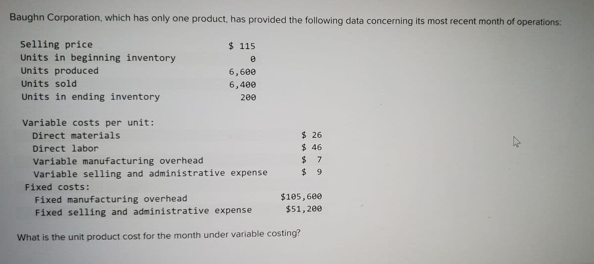 Baughn Corporation, which has only one product, has provided the following data concerning its most recent month of operations:
Selling price
Units in beginning inventory
Units produced
$ 115
6,600
Units sold
6,400
Units in ending inventory
200
Variable costs per unit:
Direct materials
$ 26
Direct labor
$46
$ 7
Variable manufacturing overhead
Variable selling and administrative expense
$ 9
Fixed costs:
Fixed manufacturing overhead
Fixed selling and administrative expense
$105,600
$51,200
What is the unit product cost for the month under variable costing?
