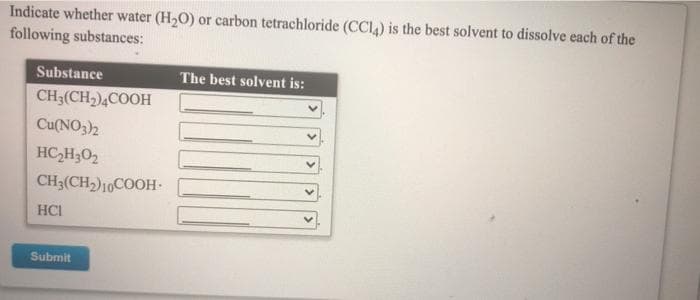 Indicate whether water (H2O) or carbon tetrachloride (CCI4) is the best solvent to dissolve each of the
following substances:
Substance
The best solvent is:
CH3(CH,)4COOH
Cu(NO3)2
HC,H302
CH3(CH2)10COOH-
HCI
Submit

