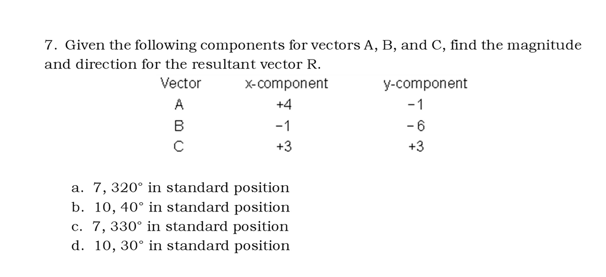 7. Given the following components for vectors A, B, and C, find the magnitude
and direction for the resultant vector R.
Vector
X-component
y-component
A
+4
-1
В
-1
- 6
+3
+3
a. 7, 320° in standard position
b. 10, 40° in standard position
c. 7, 330° in standard position
d. 10, 30° in standard position
