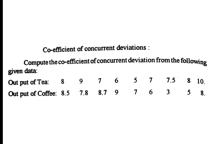Co-efficient of concurrent deviations :
Compute the co-efficient of concurrent deviation from the following
given data:
Out put of Tea:
8
9
1 6 5
7
7.5
8 10.
Out put of Coffee: 8.5
7.8
8.7 9
6
5
8.
3.
