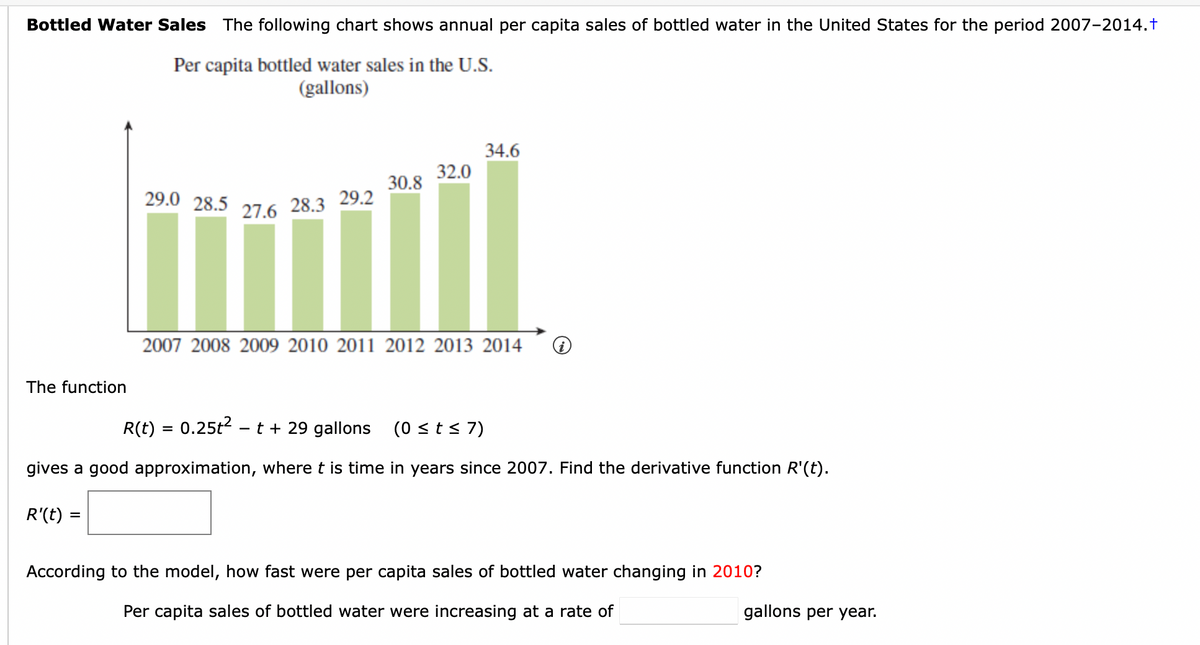 Bottled Water Sales The following chart shows annual per capita sales of bottled water in the United States for the period 2007-2014.t
Per capita bottled water sales in the U.S.
(gallons)
34.6
32.0
30.8
29.0 28.5
27.6
28.3 29.2
2007 2008 2009 2010 2011 2012 2013 2014
The function
R(t) = 0.25t?
t + 29 gallons
(0 <t s 7)
gives a good approximation, where t is time in years since 2007. Find the derivative function R'(t).
R'(t)
According to the model, how fast were per capita sales of bottled water changing in 2010?
Per capita sales of bottled water were increasing at a rate of
gallons per year.
