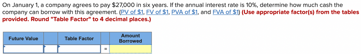 On January 1, a company agrees to pay $27,000 in six years. If the annual interest rate is 10%, determine how much cash the
company can borrow with this agreement. (PV of $1, FV of $1, PVA of $1, and FVA of $1) (Use appropriate factor(s) from the tables
provided. Round "Table Factor" to 4 decimal places.)
Future Value
Table Factor
Amount
Borrowed