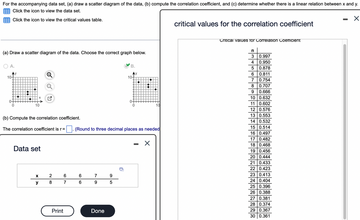 For the accompanying data set, (a) draw a scatter diagram of the data, (b) compute the correlation coefficient, and (c) determine whether there is a linear relation between x and y.
Click the icon to view the data set.
Click the icon to view the critical values table.
critical values for the correlation coefficient
Critical values for Correlation CoETTIcient
(a) Draw a scatter diagram of the data. Choose the correct graph below.
3
0.997
4
0.950
A.
В.
0.878
Ay
10-
Ay
10-
0.811
7
0.754
8
0.707
9
0.666
10 0.632
11 0.602
12 0.576
13 0.553
14 0.532
15 0.514
16 0.497
17 0.482
18 0.468
19 0.456
20 0.444
21 0.433
22 0.423
23 0.413
24 0.404
25 0.396
26 0.388
27 0.381
28 0.374
29 0.367
30 0.361
0+
0-
10
10
(b) Compute the correlation coefficient.
The correlation coefficient is r=
|: (Round to three decimal places as needed
Data set
X
2
6.
7
9.
y
7
6.
9.
Print
Done
Co
