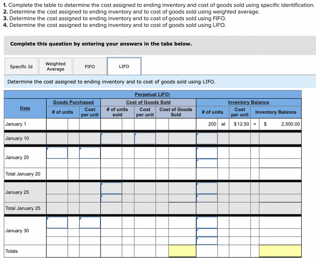 1. Complete the table to determine the cost assigned to ending inventory and cost of goods sold using specific identification.
2. Determine the cost assigned to ending inventory and to cost of goods sold using weighted average.
3. Determine the cost assigned to ending inventory and to cost of goods sold using FIFO.
4. Determine the cost assigned to ending inventory and to cost of goods sold using LIFO.
Complete this question by entering your answers in the tabs below.
Weighted
Average
Specific Id
FIFO
LIFO
Determine the cost assigned to ending inventory and to cost of goods sold using LIFO.
Perpetual LIFO:
Goods Purchased
Cost of Goods Sold
Inventory Balance
Date
# of units
sold
Cost
Cost
Cost of Goods
Sold
Cost
# of units
# of units
Inventory Balance
per unit
per unit
per unit
January 1
200 at
$ 12.50 =
$
2,500.00
January 10
January 20
Total January 20
January 25
Total January 25
January 30
Totals
