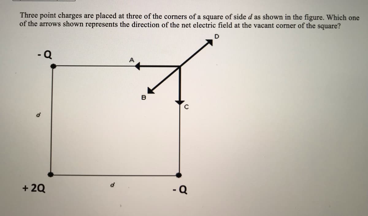 Three point charges are placed at three of the corners of a square of side d as shown in the figure. Which one
of the arrows shown represents the direction of the net electric field at the vacant corner of the square?
- Q
B
+ 20
- Q
