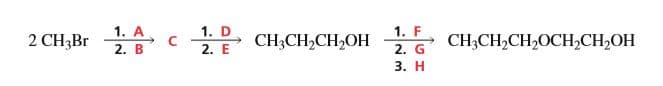 2 CH3B1
1. A
2. B
1. D
2. E
1. F
CH;CH,CH2OH
2. G
CH;CH,CH,OCH,CH,OH
3. Н
