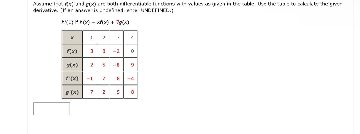Assume that f(x) and g(x) are both differentiable functions with values as given in the table. Use the table to calculate the given
derivative. (If an answer is undefined, enter UNDEFINED.)
h'(1) if h(x) = xf(x) + 7g(x)
1
2
4
f(x)
3
-2
g(x)
-8
9.
f'(x)
-1
7
-4
g'(x)
7
2
8
