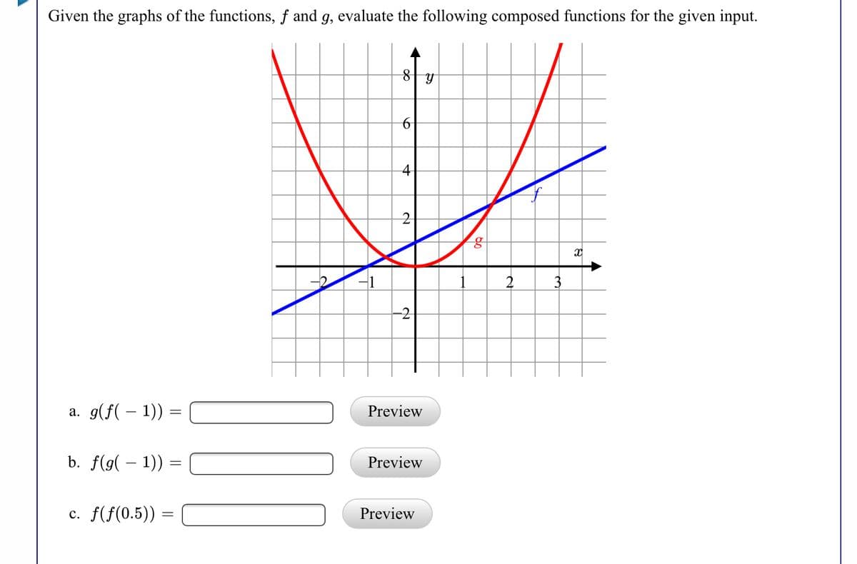 Given the graphs of the functions, f and g, evaluate the following composed functions for the given input.
8 y
4
용
2
-2
a. g(f( – 1)) :
Preview
b. f(g( – 1)) =
Preview
c. f(f(0.5)) =
Preview
