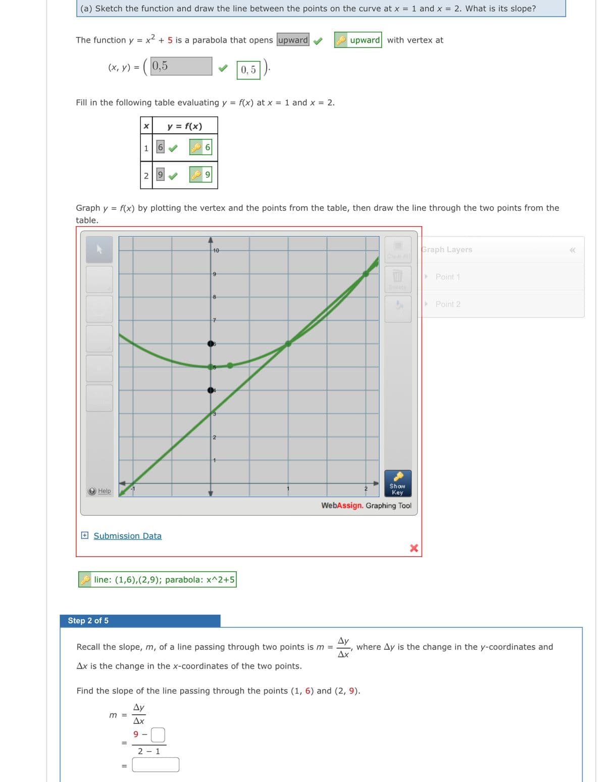 |(a) Sketch the function and draw the line between the points on the curve at x = 1 and x = 2. What is its slope?
The function y = x² + 5 is a parabola that opens upward
upward with vertex at
(х, у) %3D
0,5
0, 5
Fill in the following table evaluating y = f(x) at x = 1 and x = 2.
y = f(x)
1
2
Graph y = f(x) by plotting the vertex and the points from the table, then draw the line through the two points from the
table.
Graph Layers
40
> Point 1
Delete
8
> Point 2
2
Show
Help
Key
WebAssign. Graphing Tool
+ Submission Data
line: (1,6),(2,9); parabola: x^2+5
Step 2 of 5
Ду
where Ay is the change in the y-coordinates and
Ax
Recall the slope, m, of a line passing through two points is m =
Ax is the change in the x-coordinates of the two points.
Find the slope of the line passing through the points (1, 6) and (2, 9).
Ду
m =
Ax
9 -
2 - 1
