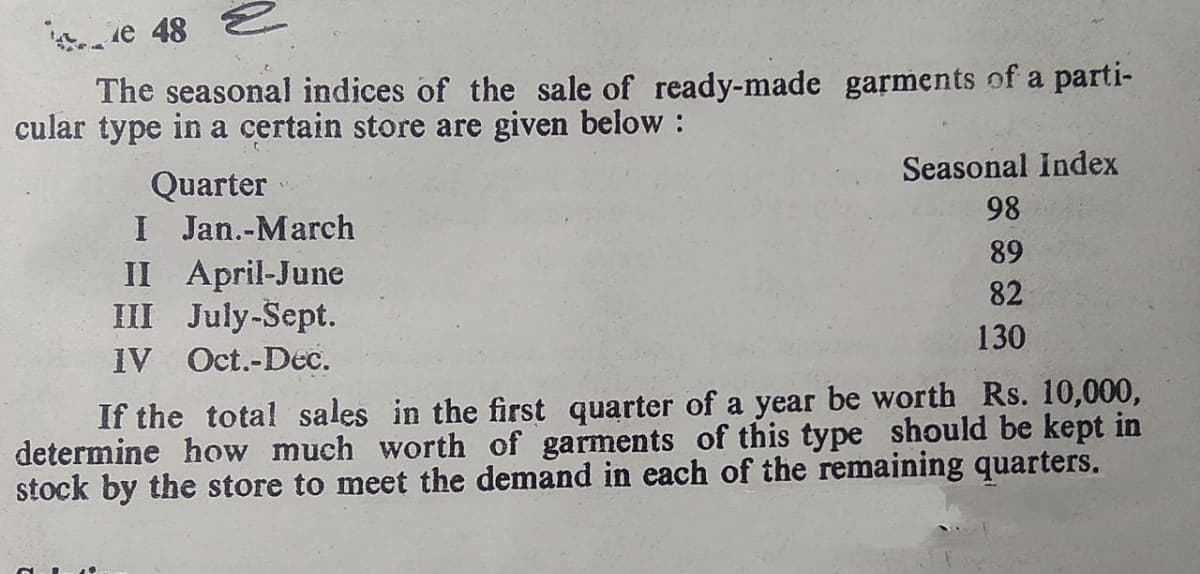 e 48
The seasonal indices of the sale of ready-made garments of a parti-
cular type in a certain store are given below :
Quarter
I Jan.-March
II April-June
III July-Sept.
IV Oct.-Dec.
Seasonal Index
98
89
82
130
If the total sales in the first quarter of a year be worth Rs. 10,000,
determine how much worth of garments of this type should be kept in
stock by the store to meet the demand in each of the remaining quarters.
